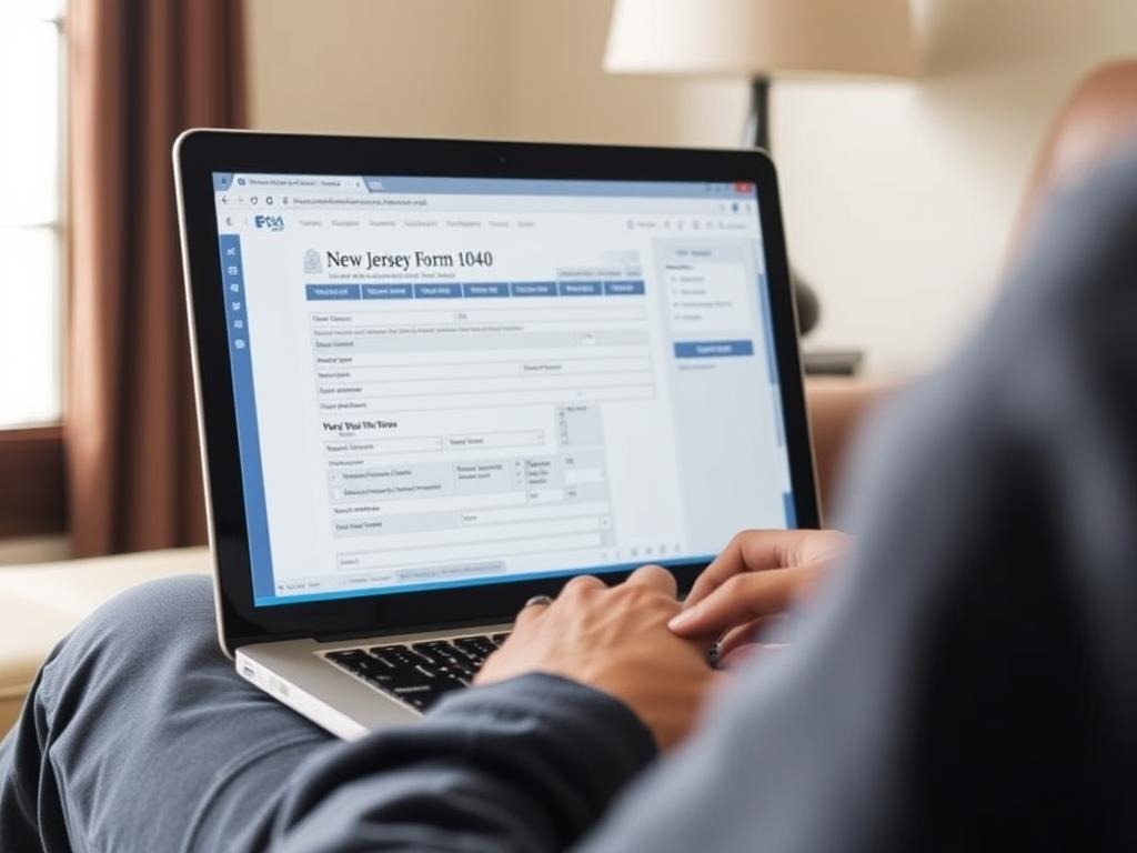 Person e-filing New Jersey Form 1040 on a computer