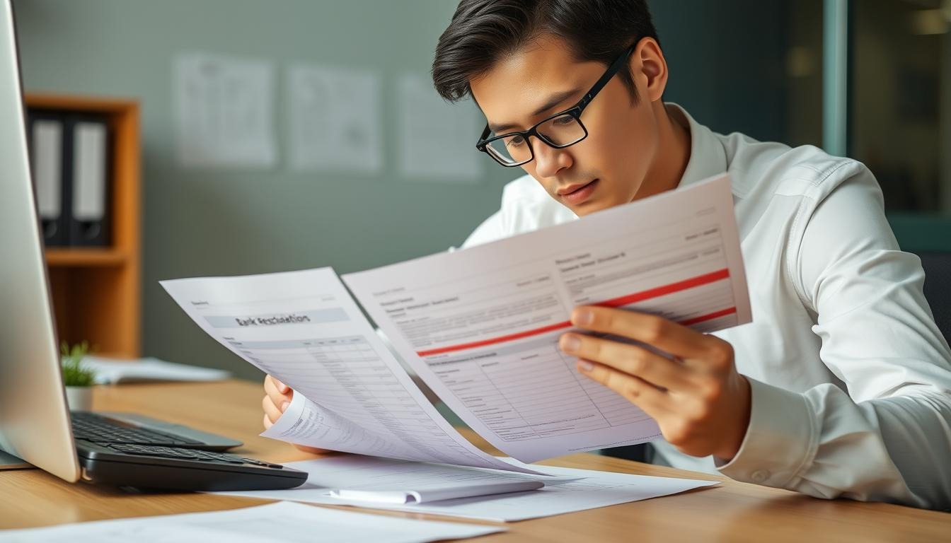 Finance professional reviewing bank reconciliation statements with highlighted errors