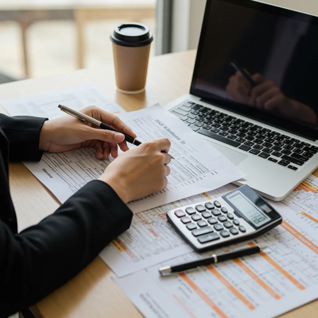 Freelancer calculating quarterly estimated taxes using annualized income method with financial documents and calculator