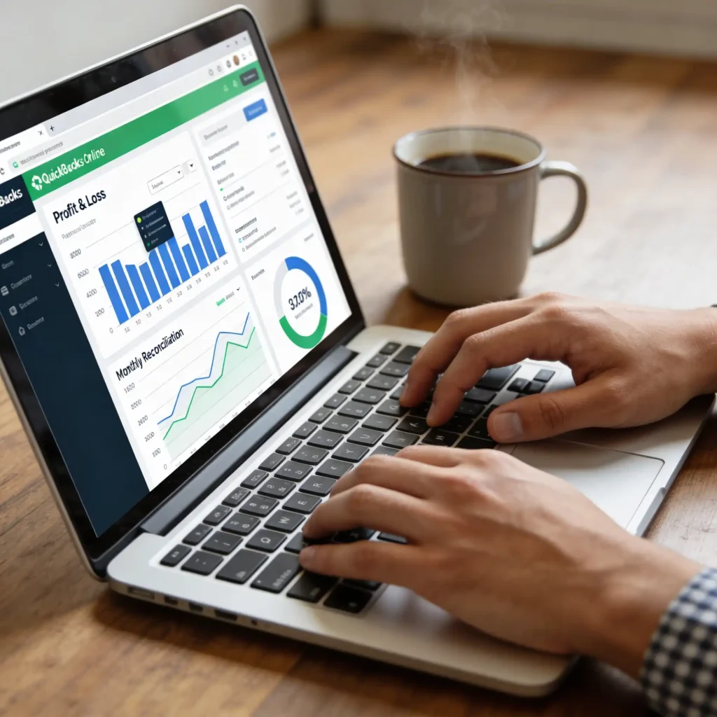 Bookkeeper reviewing QuickBooks Online dashboard with monthly financial reports and NJ tax deadline notes