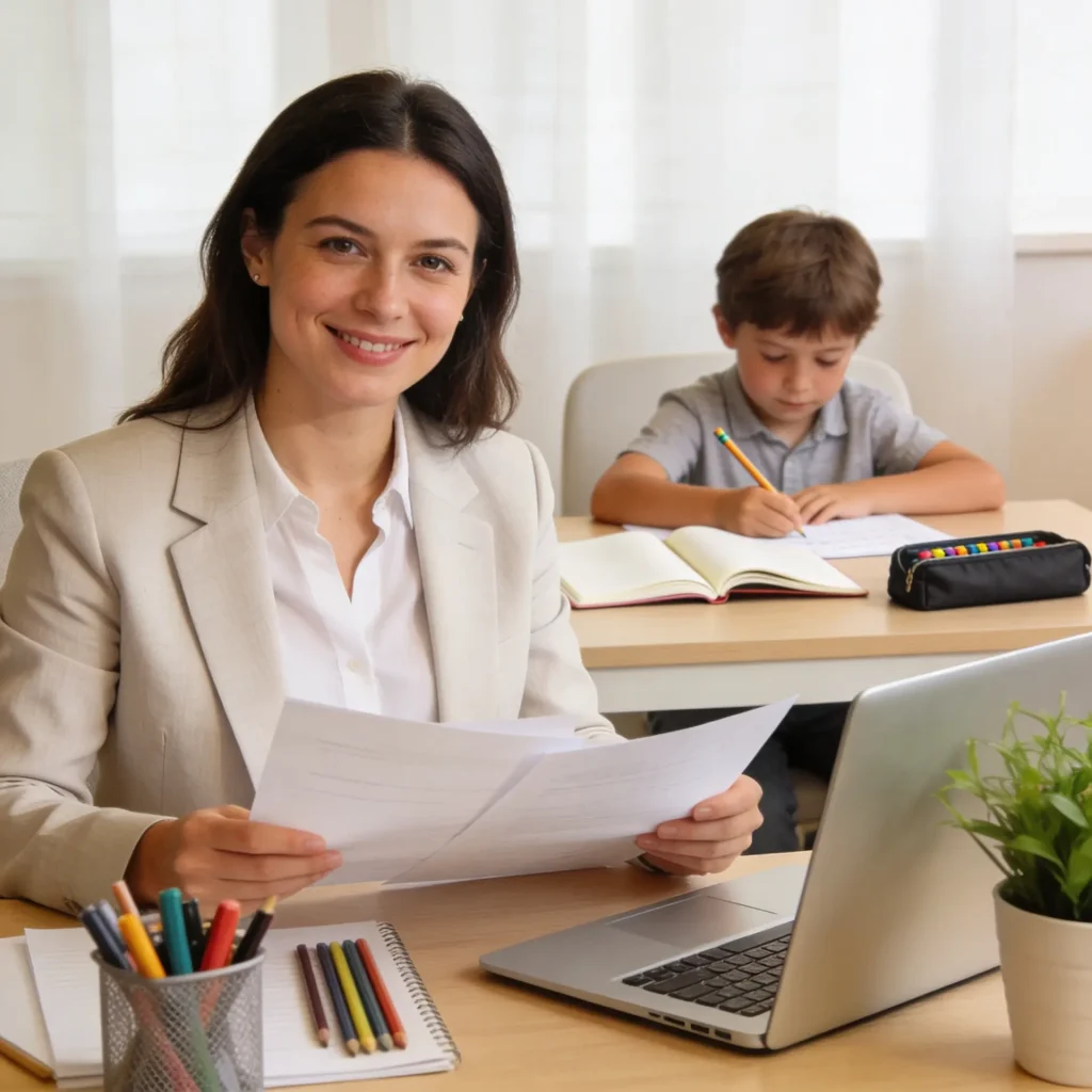 Working mother reviewing Child and Dependent Care Credit documents at home office while child plays in background