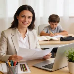 Working mother reviewing Child and Dependent Care Credit documents at home office while child plays in background