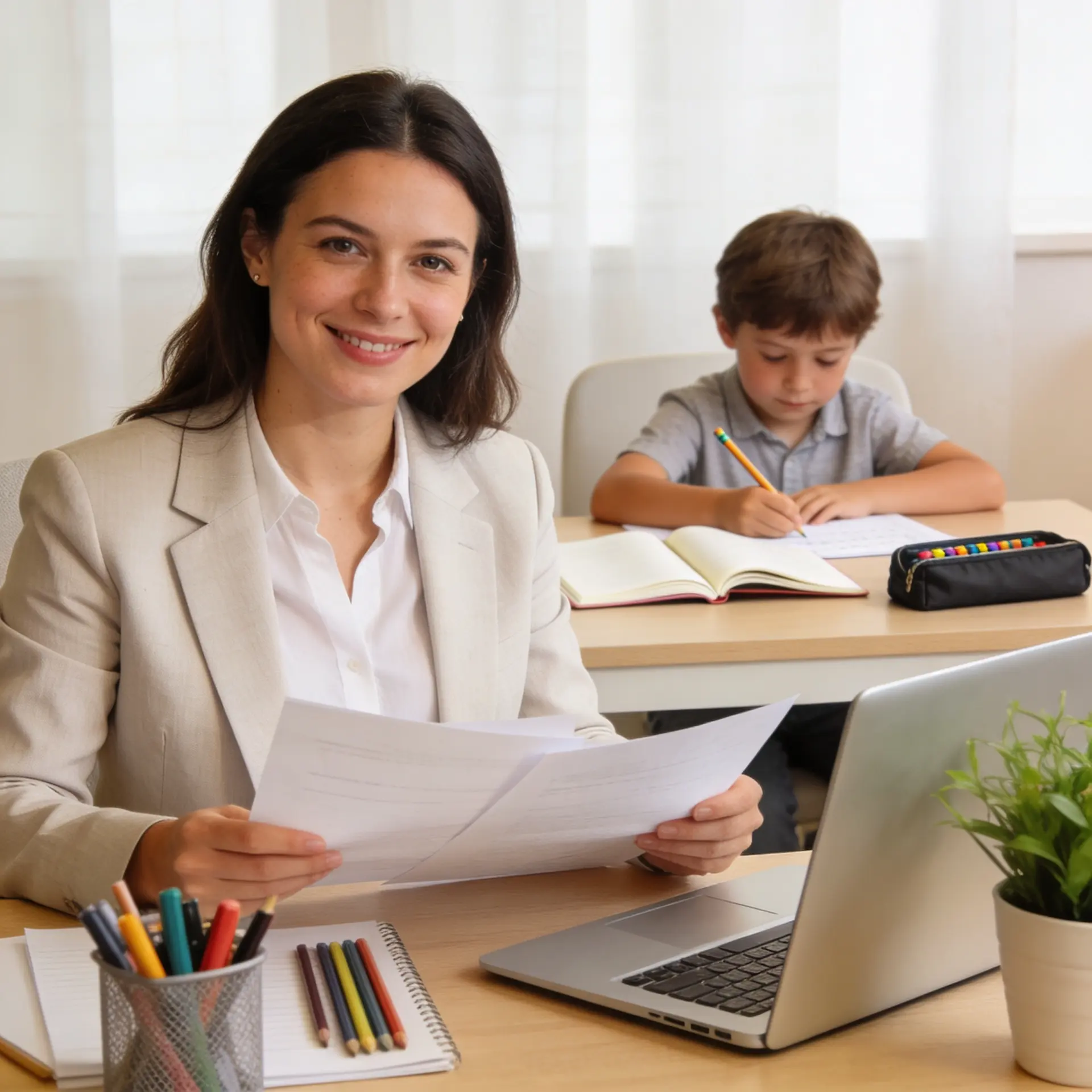 Working mother reviewing Child and Dependent Care Credit documents at home office while child plays in background