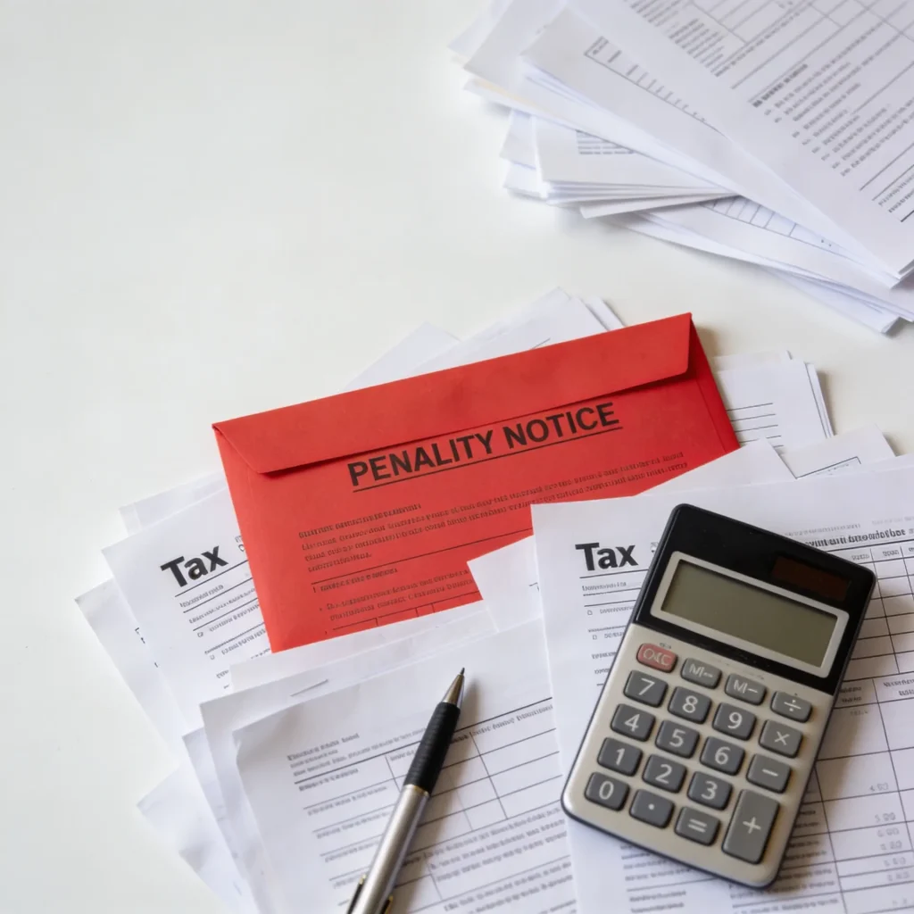 Overhead flat lay of disorganized tax forms, a red penalty notice, calculator, and pen on a white desk representing common Form 1065 filing mistakes