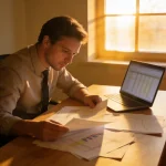 A self-employed professional reviewing tax documents and financial spreadsheets at a desk