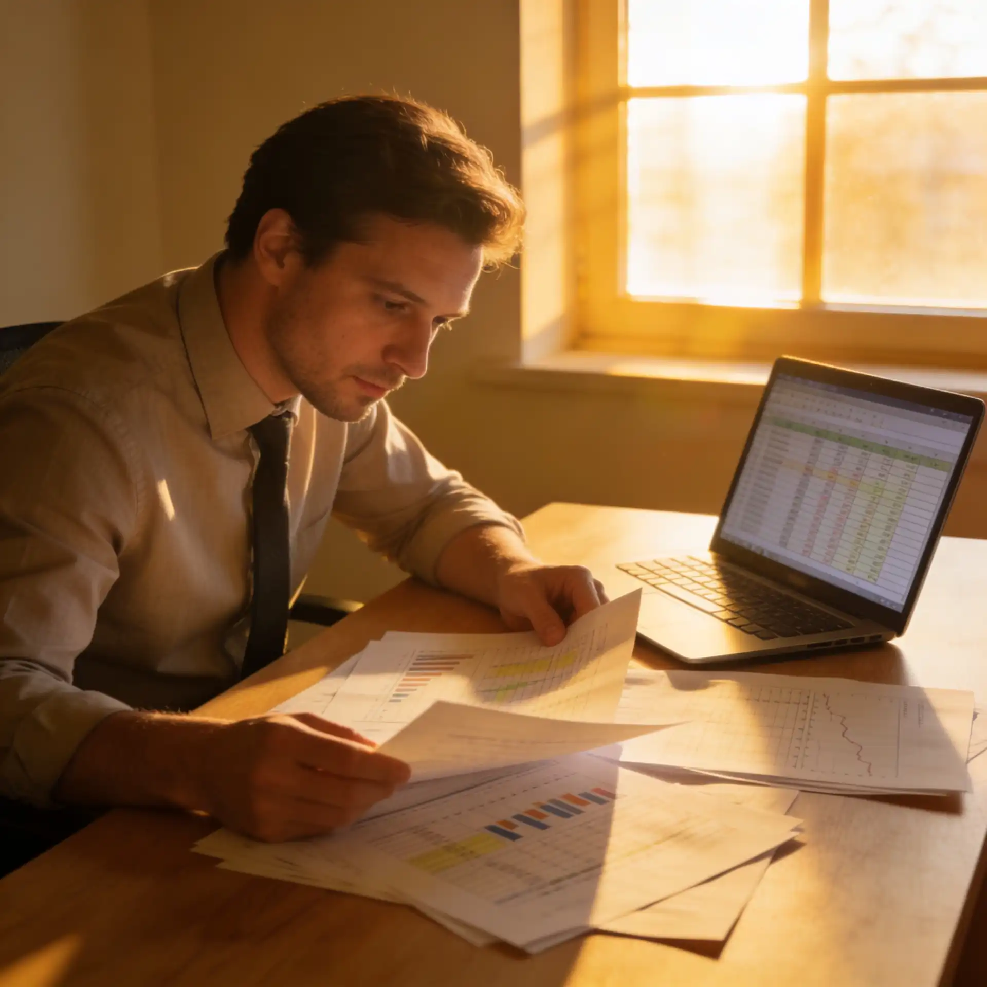 A self-employed professional reviewing tax documents and financial spreadsheets at a desk