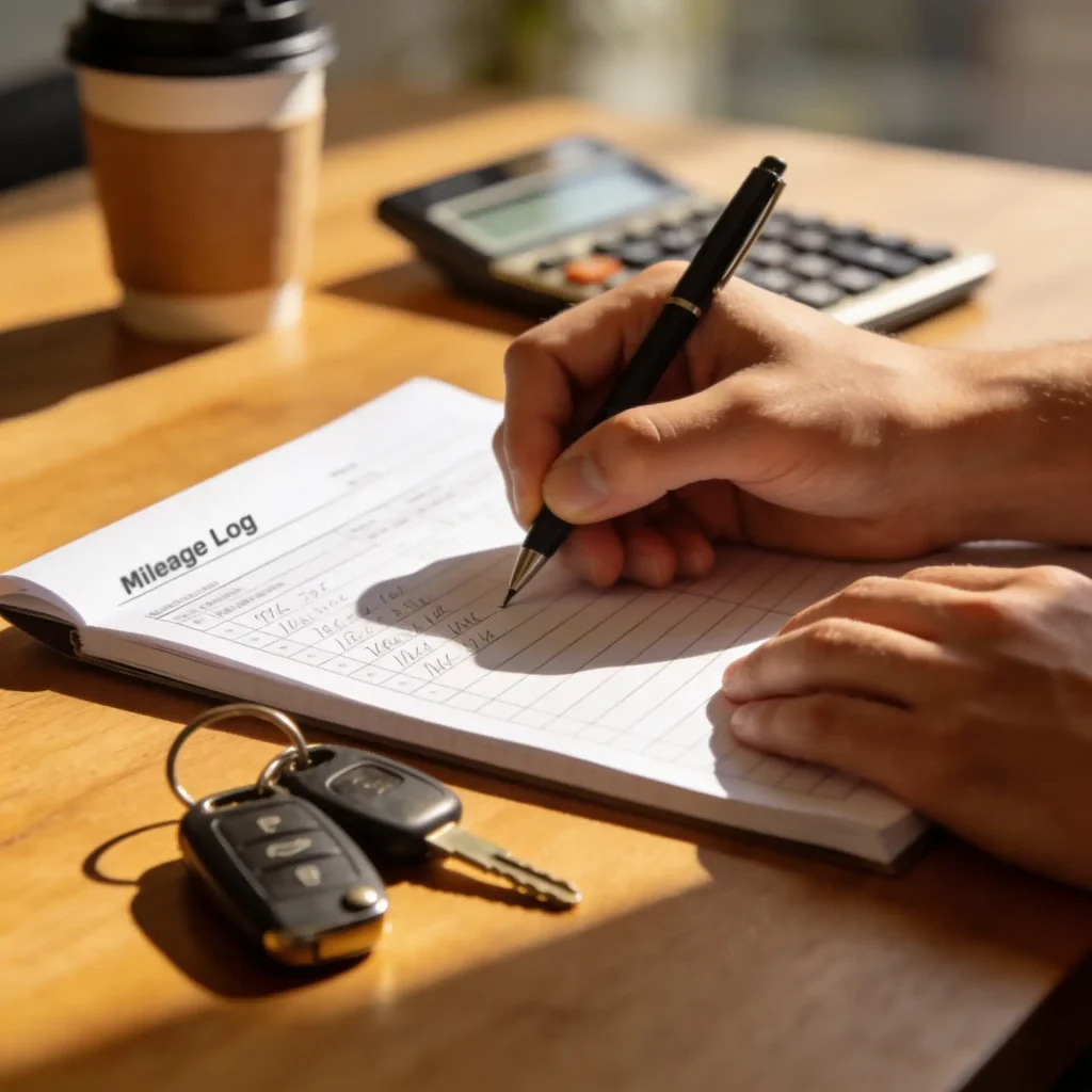 A business owner tracking mileage in a logbook next to car keys and a calculator