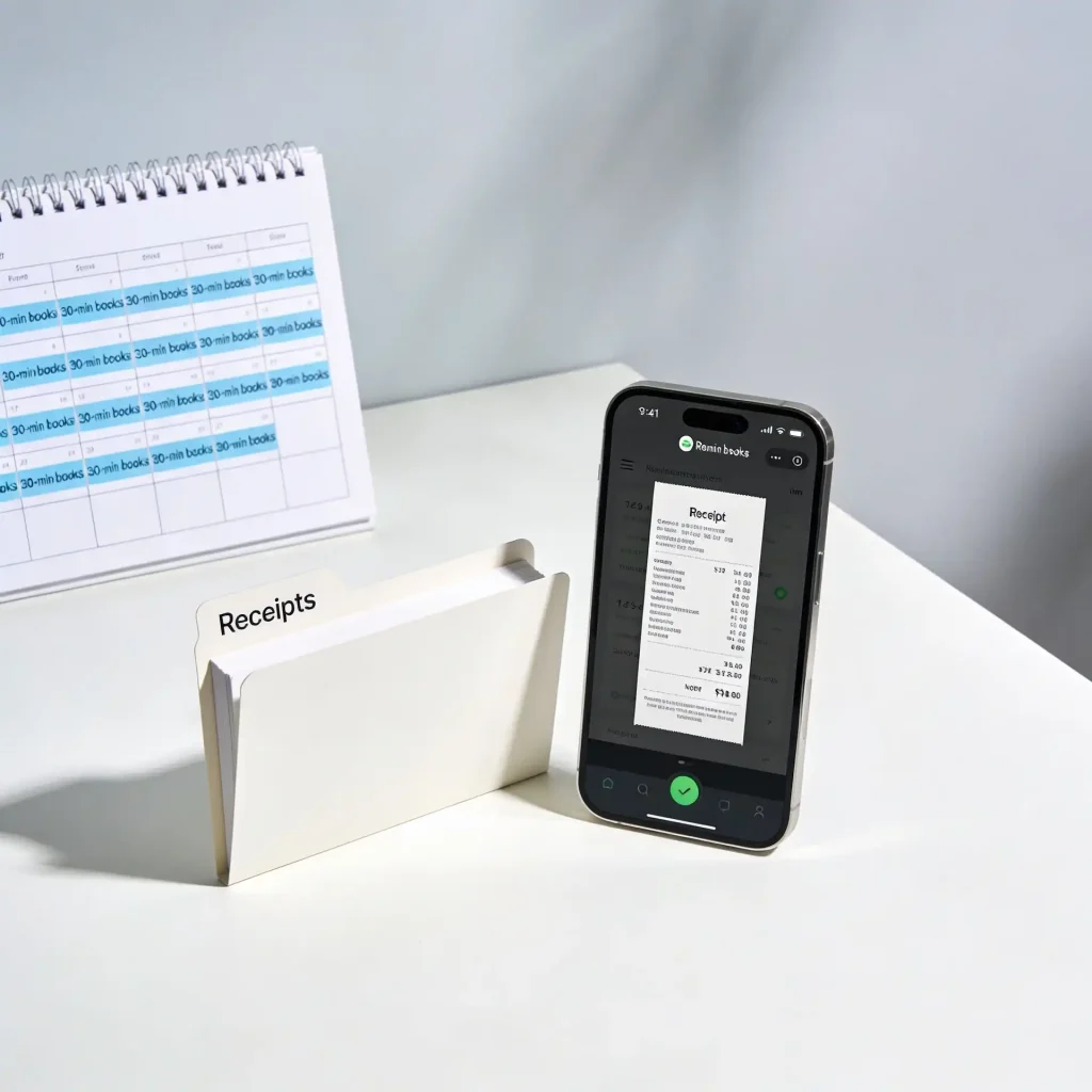 Small business owner building consistent bookkeeping habits with a phone receipt scanner and calendar reminders