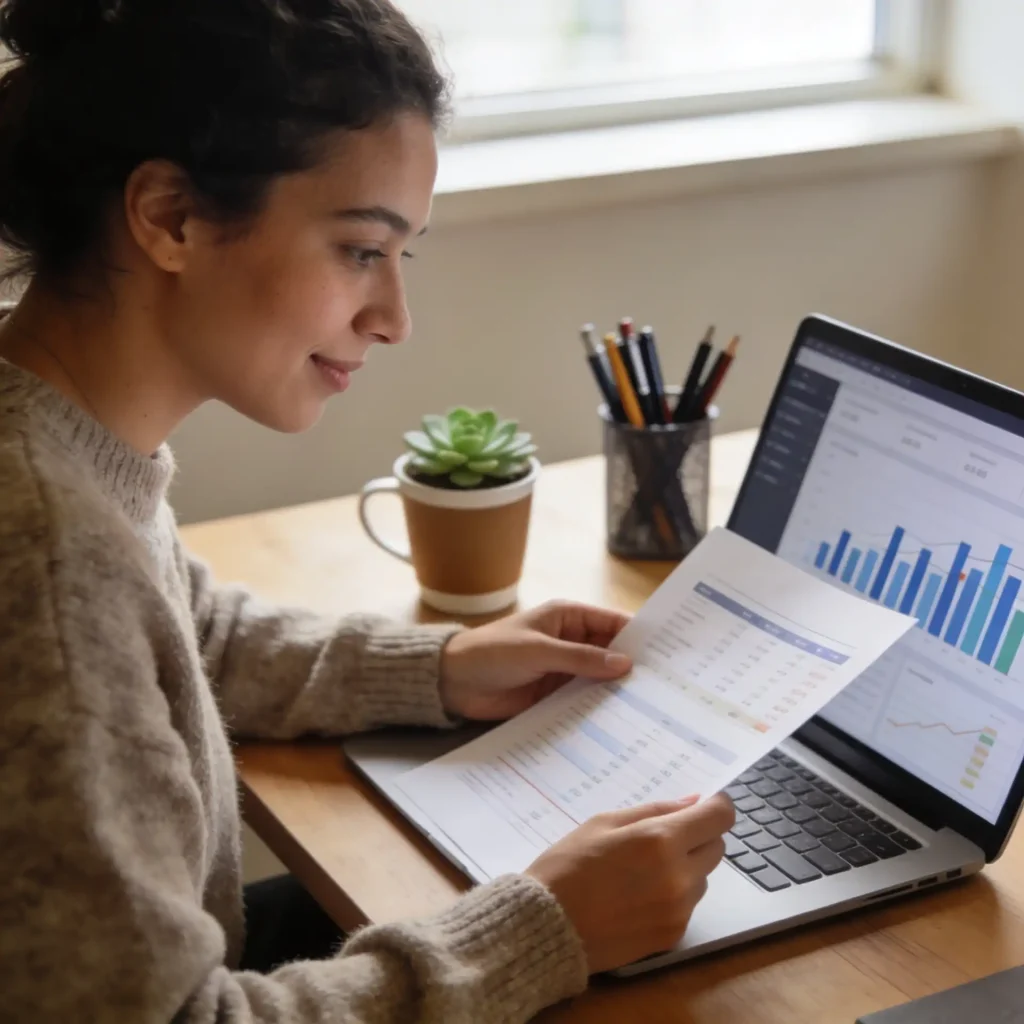 Small business owner calmly reviewing clean financial reports on a laptop at an organized desk with natural light