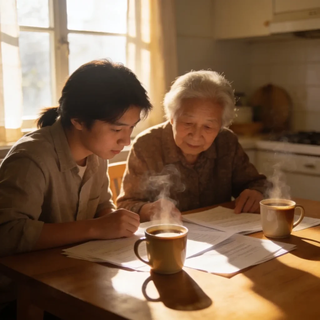 Adult child and elderly parent reviewing financial documents together at a kitchen table