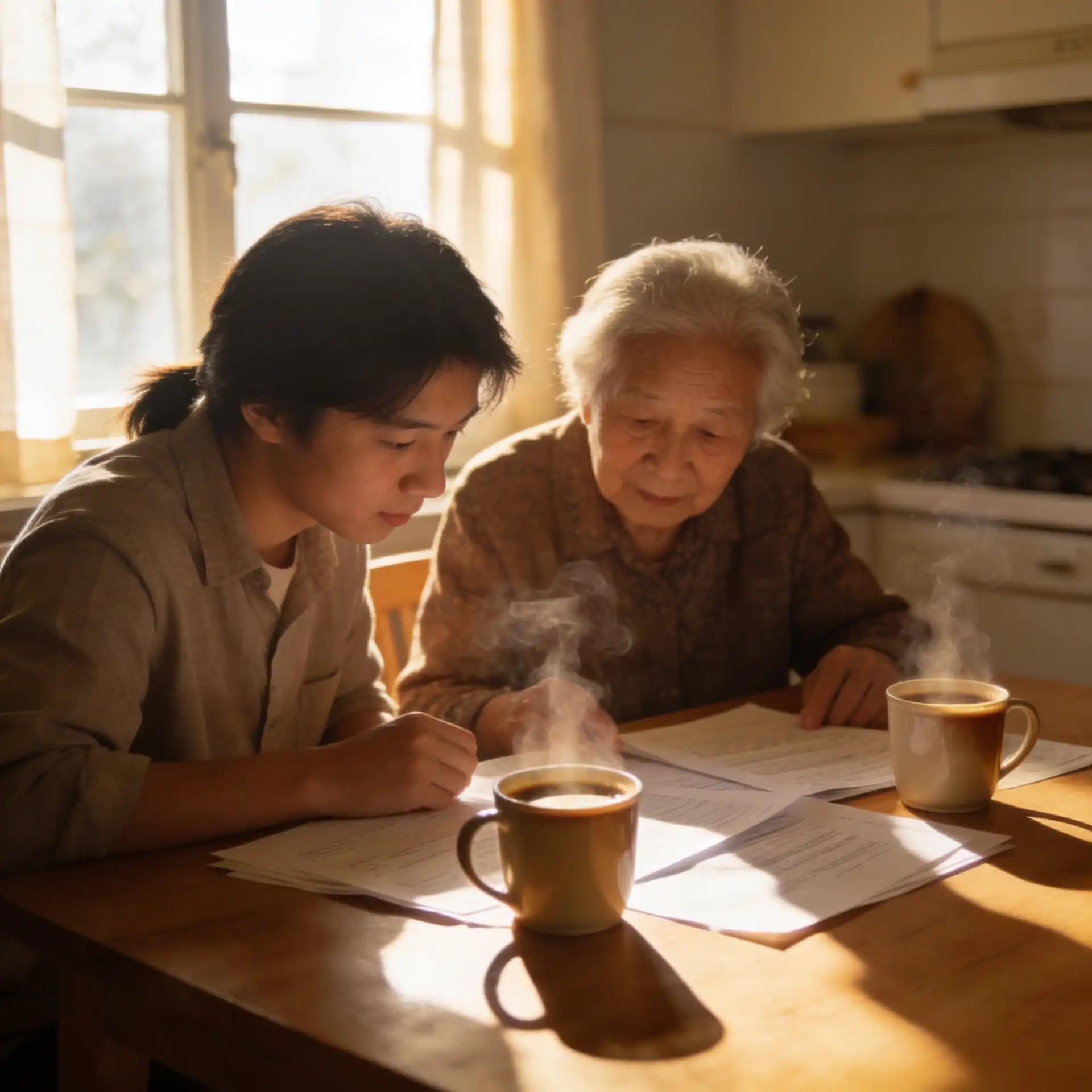 Adult child and elderly parent reviewing financial documents together at a kitchen table