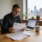 Accountant reviewing Form 1065 partnership tax return documents at a modern office desk with a laptop and coffee