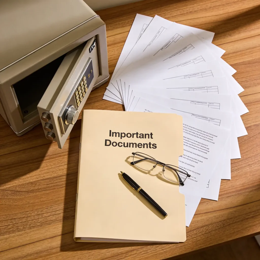 Organized financial and legal documents stored securely in a fireproof home safe