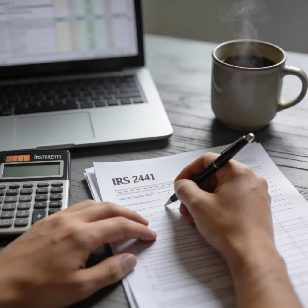 Person calculating Child and Dependent Care Credit expenses on IRS Form 2441 with calculator
