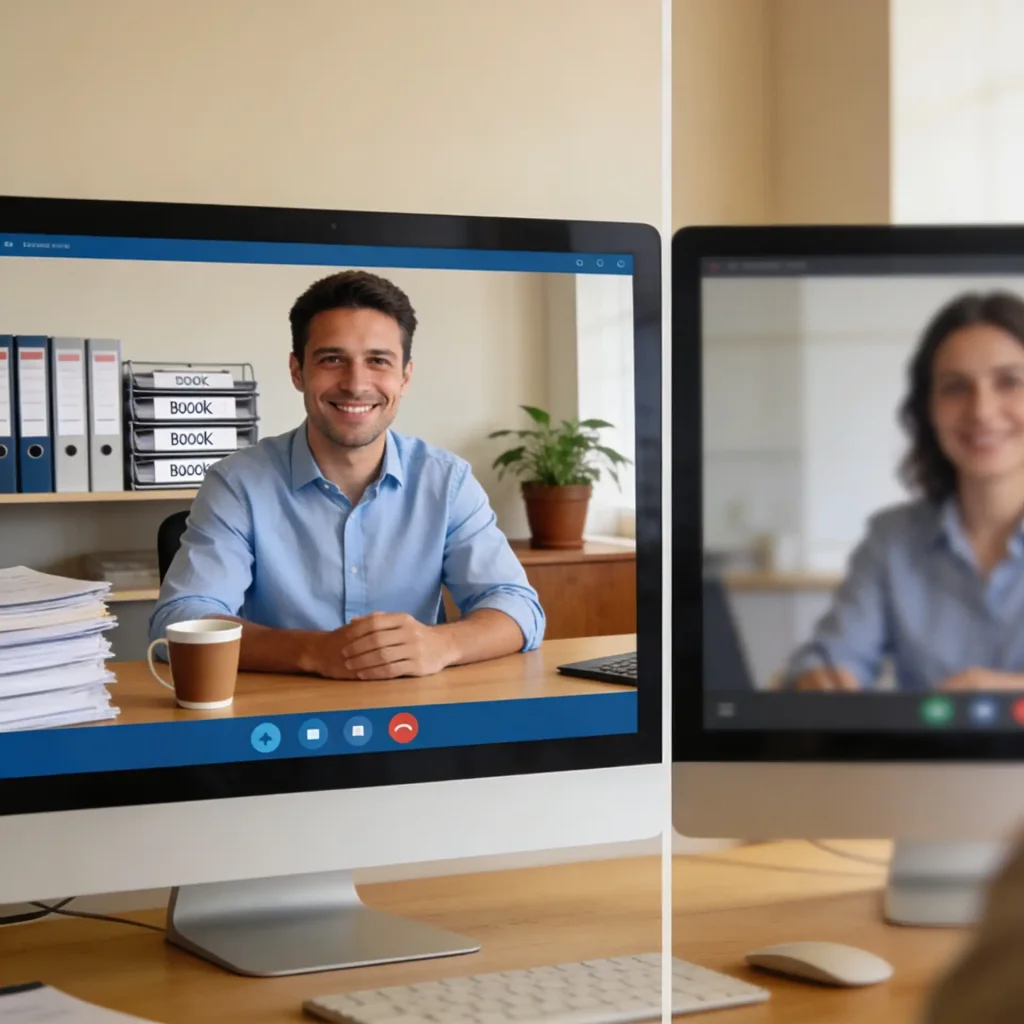 Virtual bookkeeper conducting a remote consultation with a New Jersey small business client over video call
