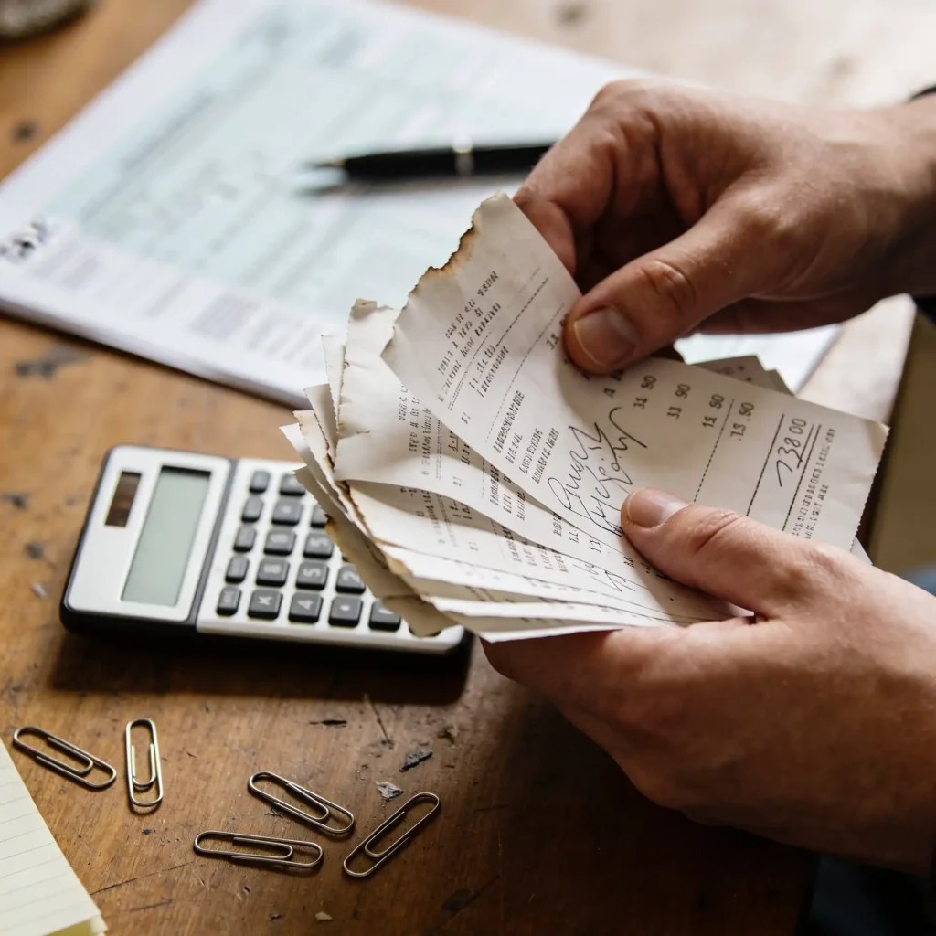 Close-up of hands sorting through paper receipts and expense notes next to a calculator with a tax form in the background