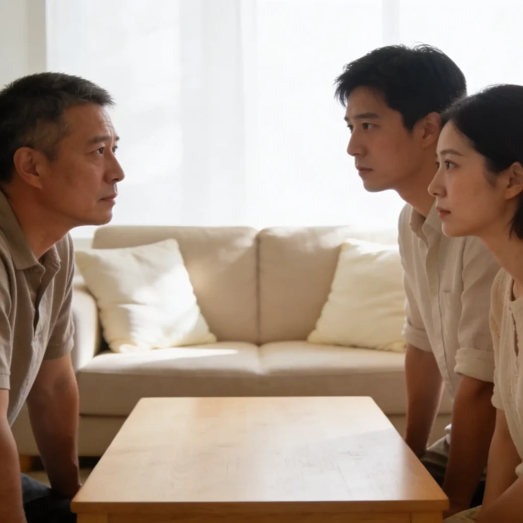 Adult siblings having a calm conversation about family finances and caregiving responsibilities