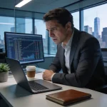 A small business owner in New Jersey looking stressed while reviewing financial data on a laptop in a modern office setting.