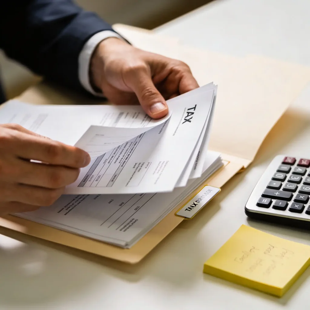 Accountant organizing tax documents and receipts for a small business client in New Jersey