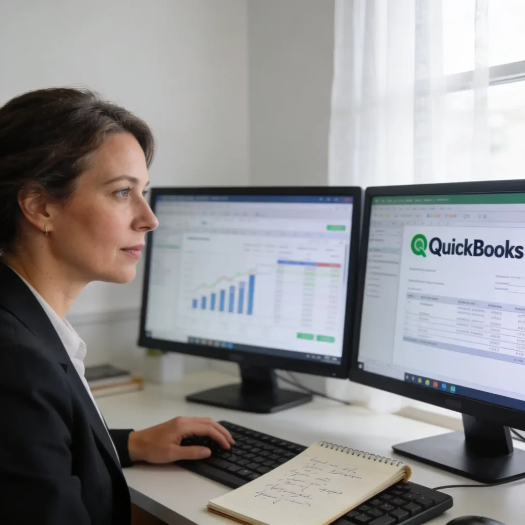 Virtual bookkeeper reviewing small business financial reports on a computer screen
