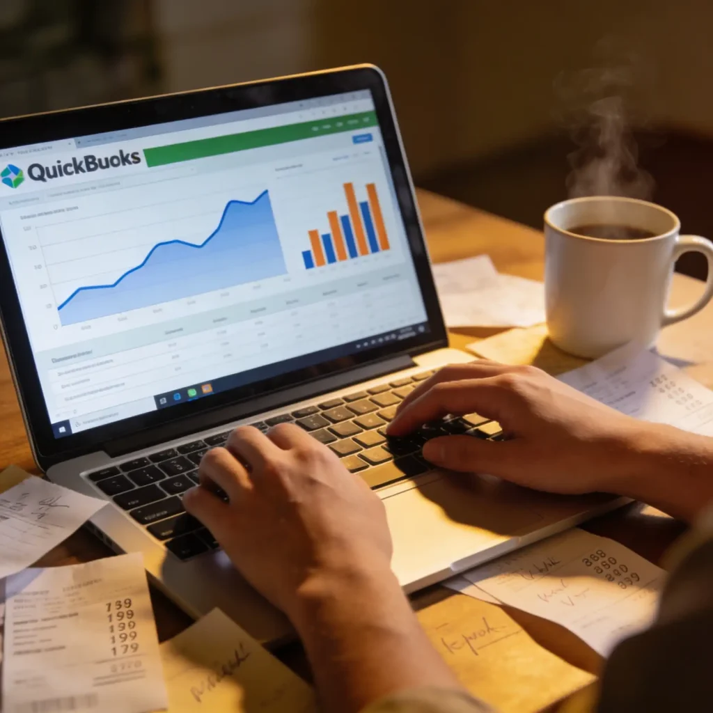 Close-up of hands typing on a laptop displaying financial charts and graphs, with receipts and a coffee mug on the desk nearby.
