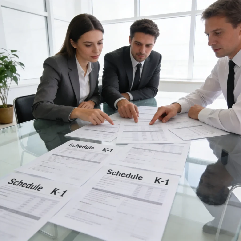 Two business partners and an accountant reviewing Schedule K-1 documents together at a conference table in a bright modern office
