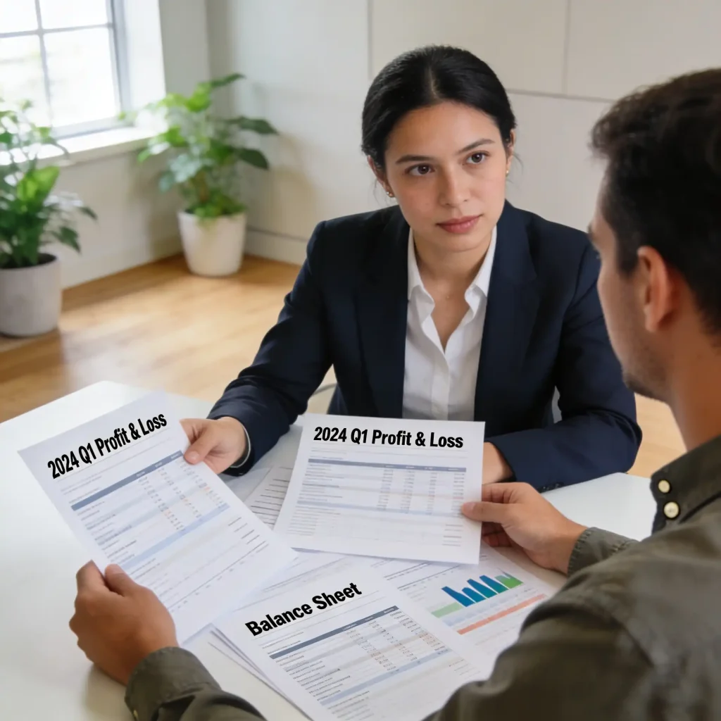 A professional bookkeeper and small business owner reviewing printed financial reports together at a bright, modern office table in New Jersey.
