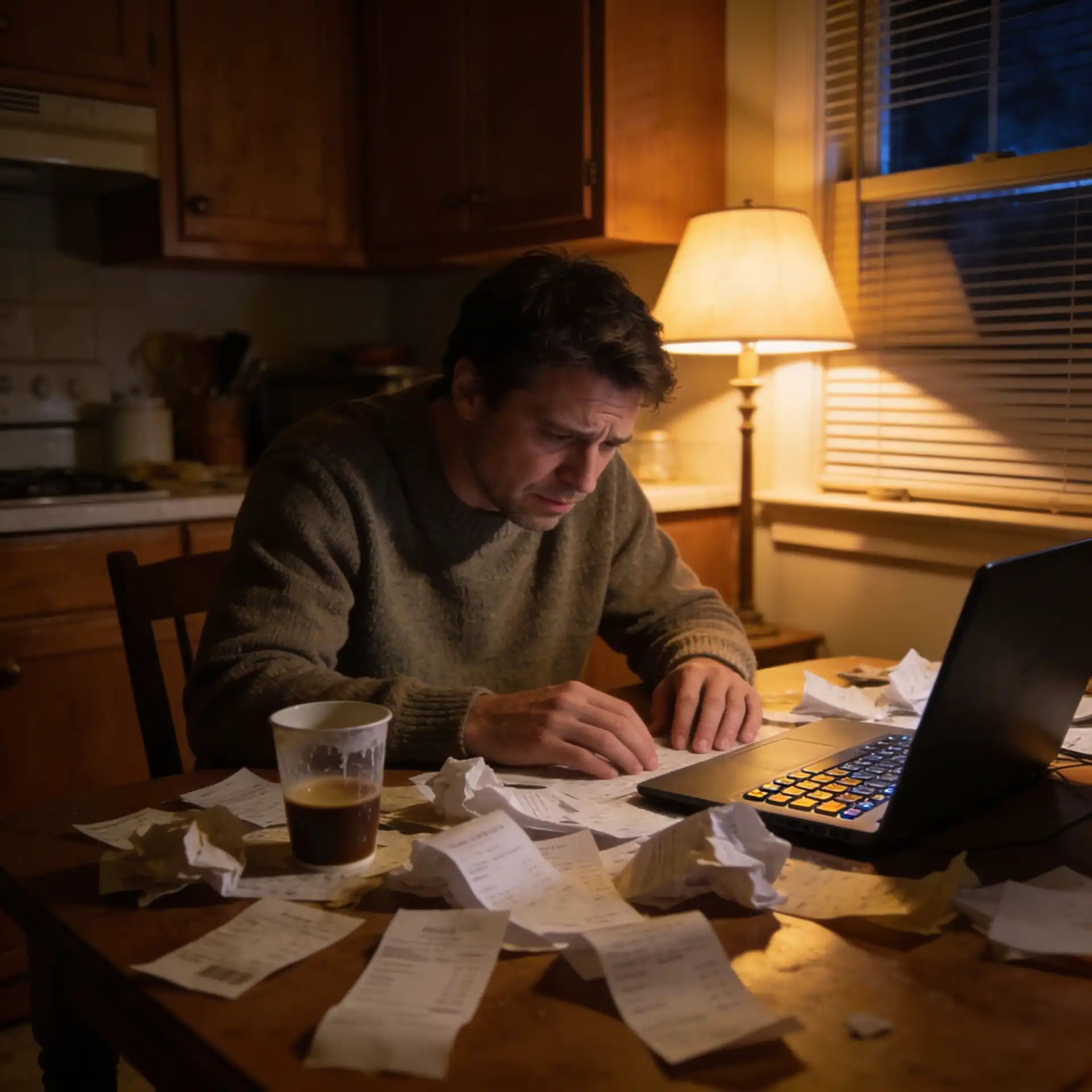 Stressed New Jersey small business owner sitting at a cluttered kitchen table late at night surrounded by receipts and an open laptop