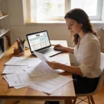 Self-employed woman reviewing Schedule C tax documents at her home office desk.