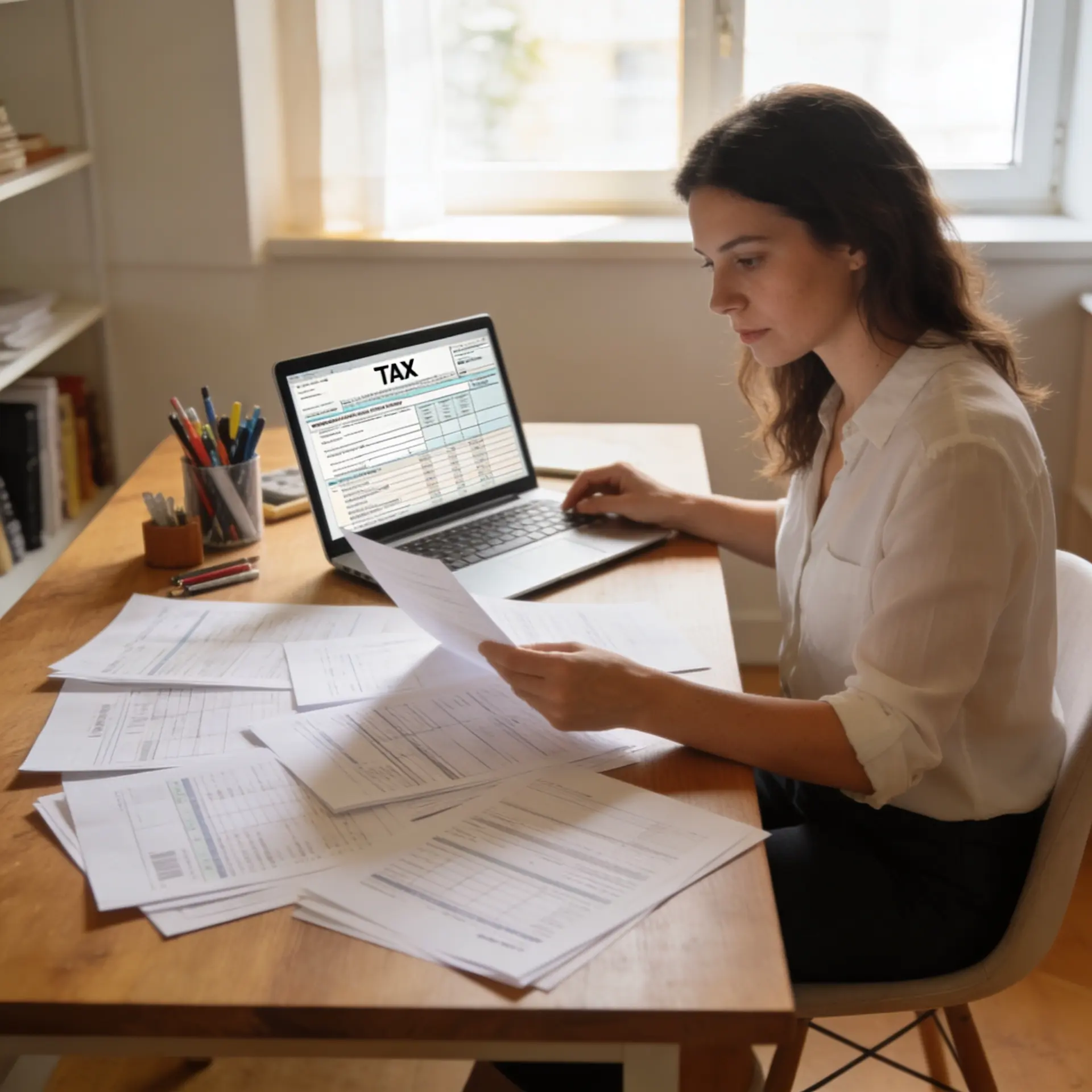 Self-employed woman reviewing Schedule C tax documents at her home office desk.
