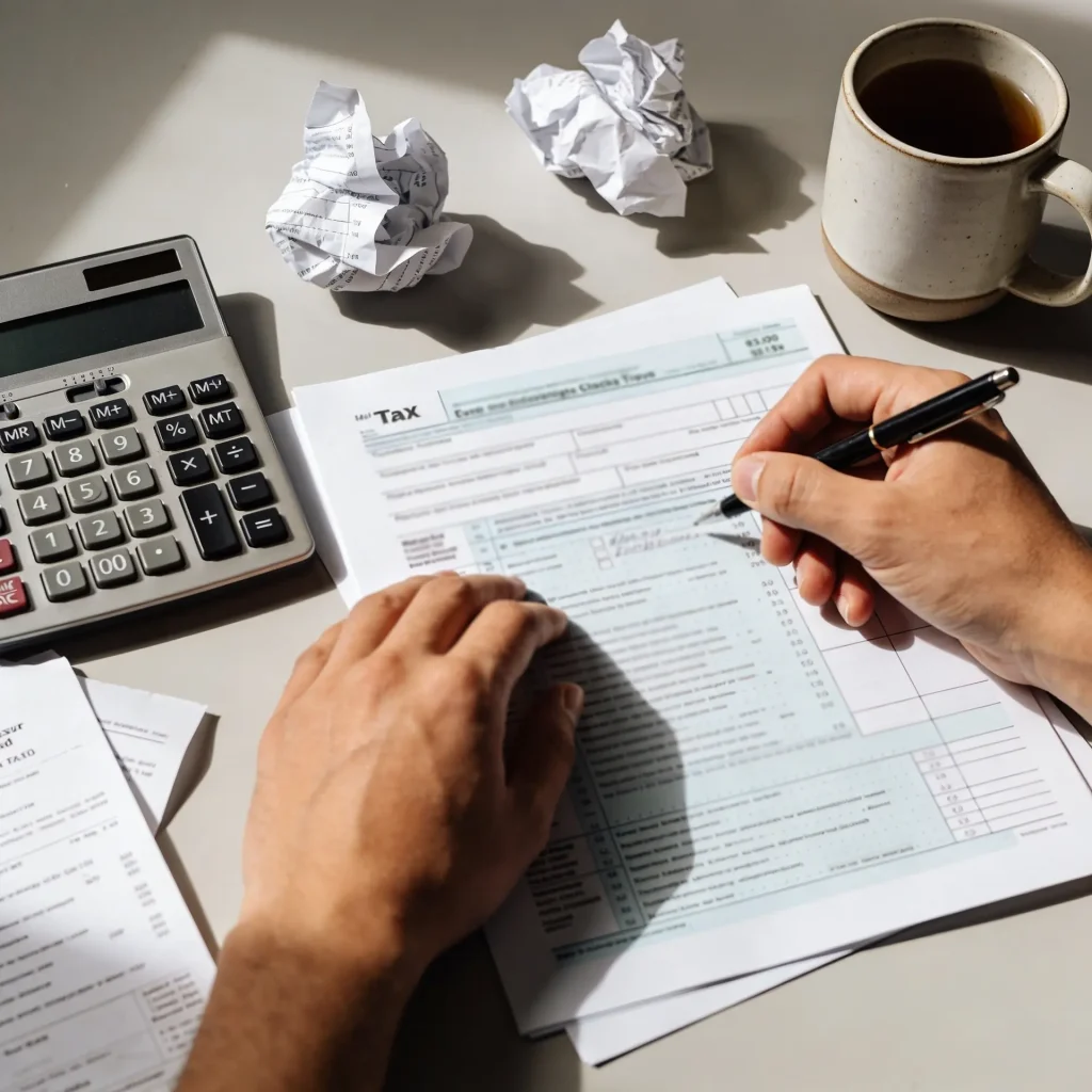 Person calculating business profit and loss on a tax form with receipts and a calculator, illustrating Schedule C deductions.