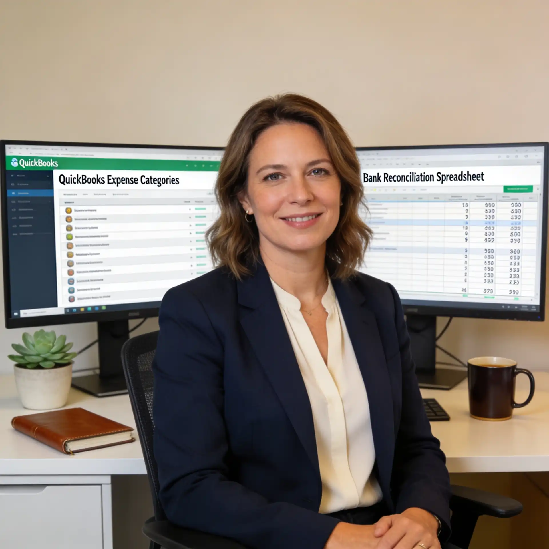 Bookkeeper reconciling bank accounts and categorizing transactions in QuickBooks