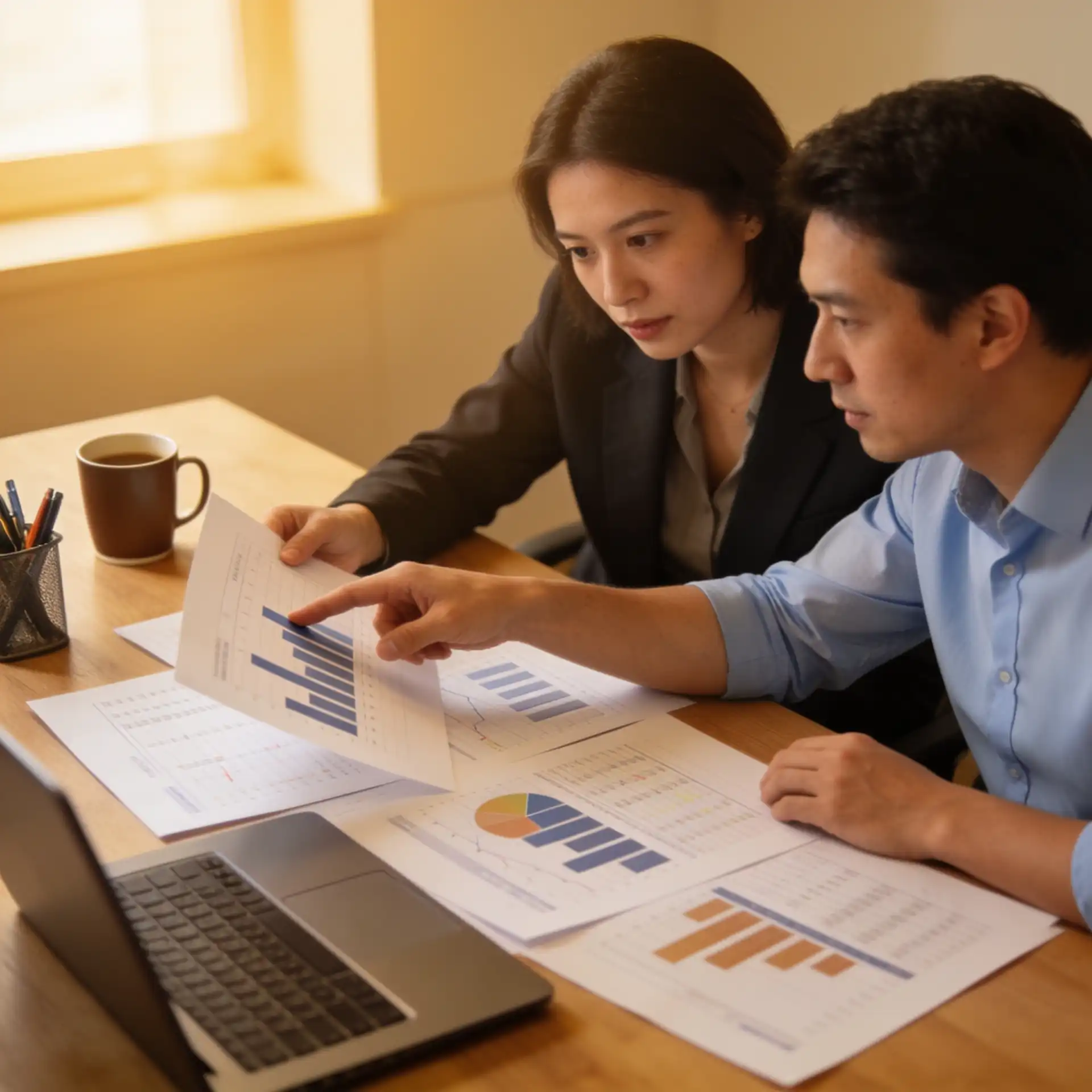 Small business owner and accountant reviewing financial reports and tax strategy together