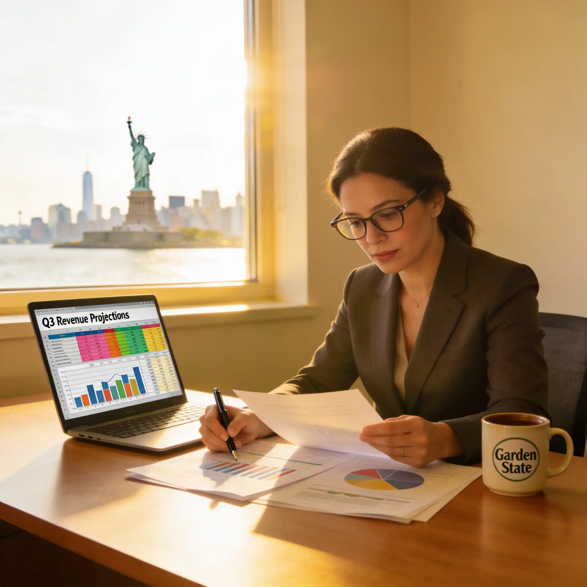 New Jersey small business owner reviewing financial documents at her desk