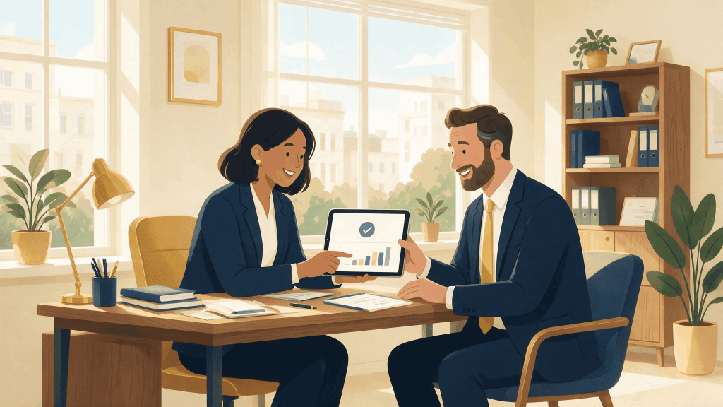 Accounting advisor reviewing a completed monthly trust account reconciliation with an attorney client