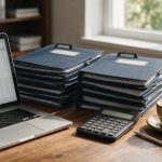Accountant's desk with a laptop, real estate closing folders, and a calculator representing trust accounting for high-volume flat-fee closings.