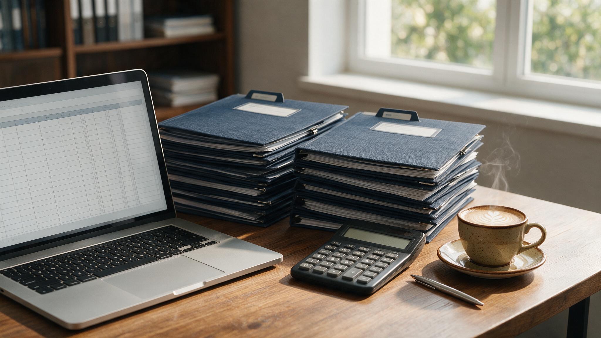 Accountant's desk with a laptop, real estate closing folders, and a calculator representing trust accounting for high-volume flat-fee closings.