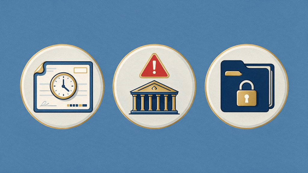 Icons representing pending bank clearance, overdraft warnings, and compliance recordkeeping for trust accounts
