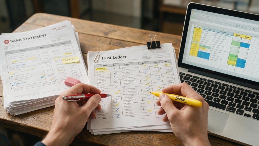 Accountant performing a three-way trust account reconciliation for law firm IOLTA compliance