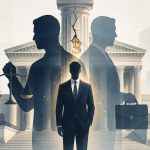 Illustration of an attorney standing between the roles of legal counsel and company fiduciary, with a cracked courthouse column symbolizing personal financial liability
