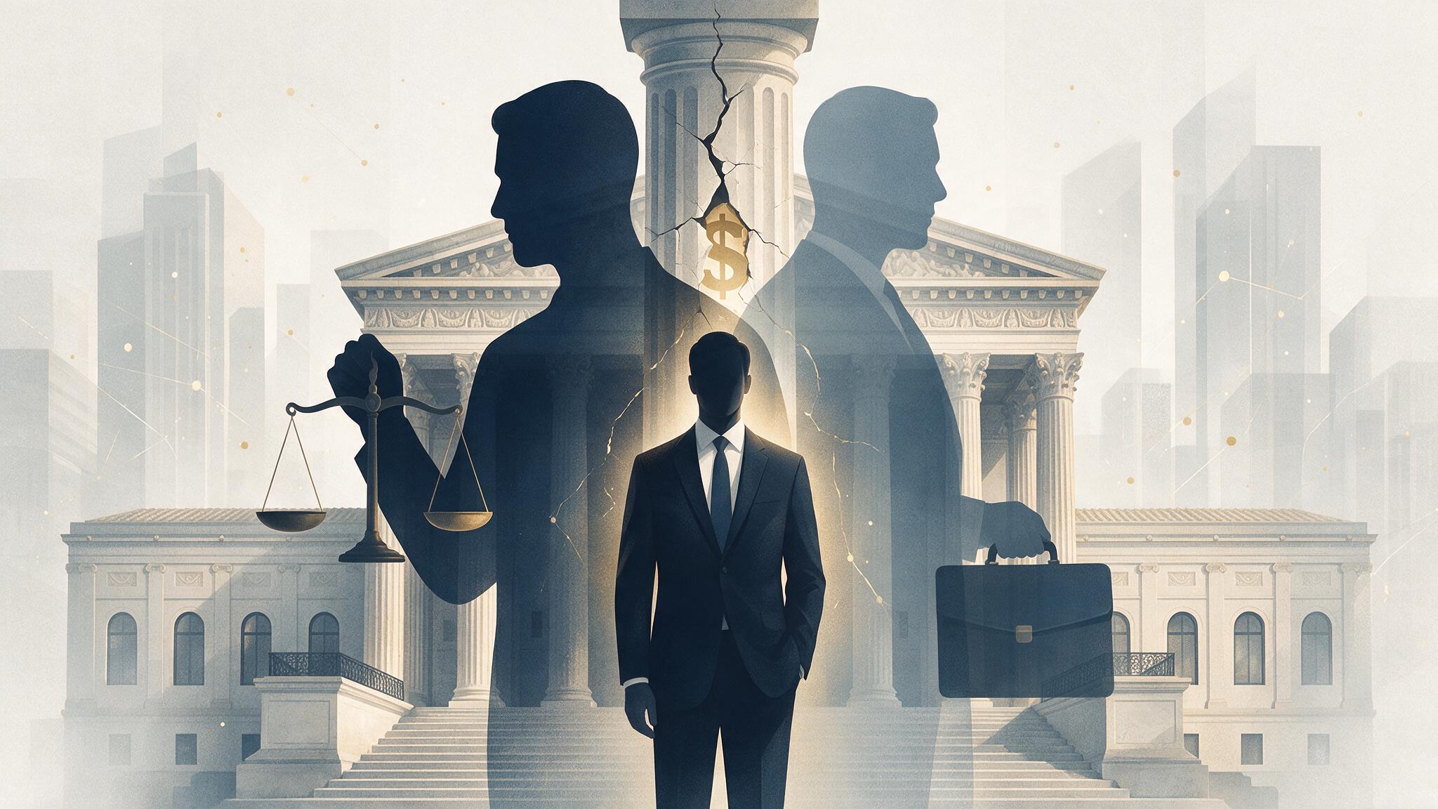 Illustration of an attorney standing between the roles of legal counsel and company fiduciary, with a cracked courthouse column symbolizing personal financial liability