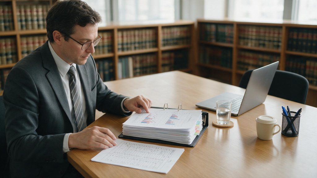 Auditor reviewing a law firm's trust account records during a New Jersey Random Audit Program review