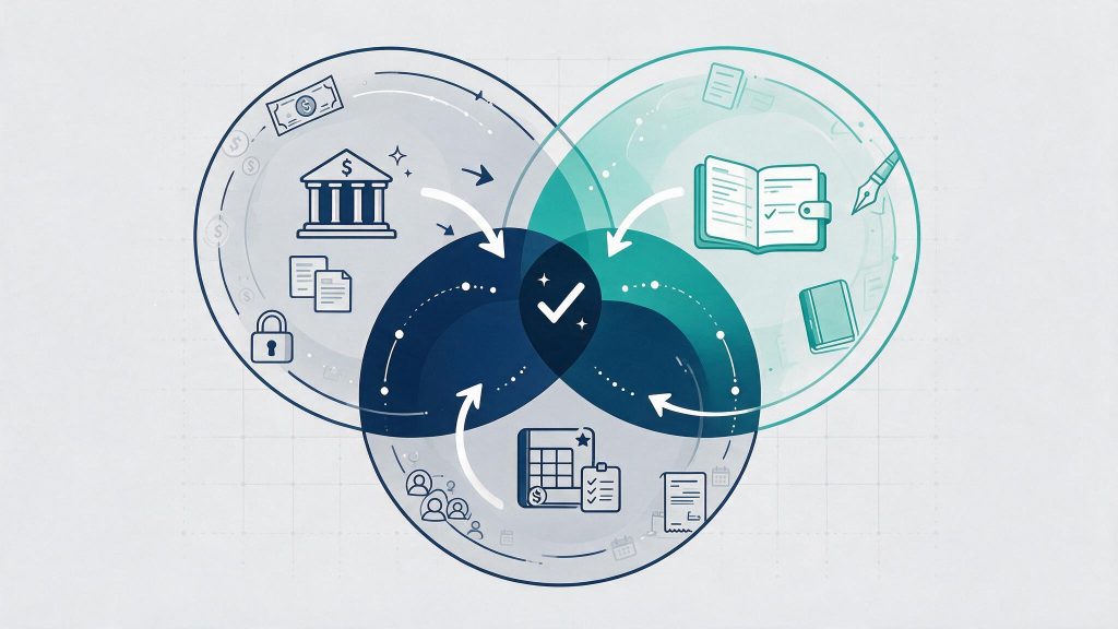 Diagram illustrating three-way trust account reconciliation matching bank, checkbook, and client ledger balances.