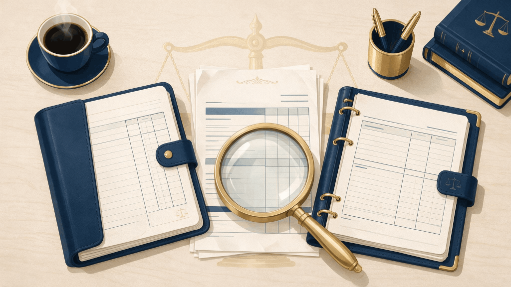 Illustration of a checkbook, bank statement, and client ledger being reconciled, representing New Jersey attorney trust accounting