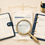 Illustration of a checkbook, bank statement, and client ledger being reconciled, representing New Jersey attorney trust accounting