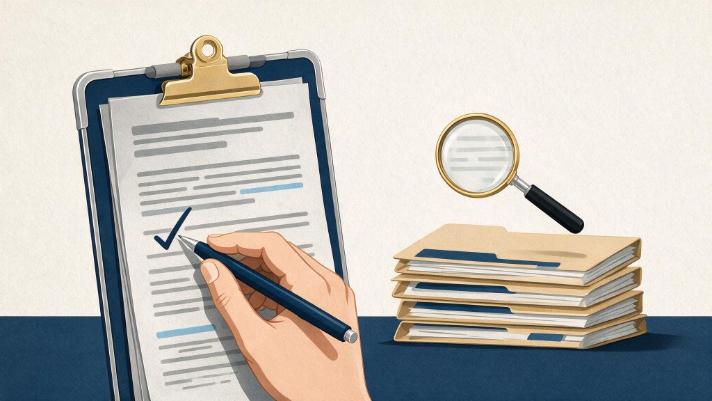 Illustration of a checklist and document review, representing the safeguards attorneys should follow before authorizing a distribution from a financially distressed client.