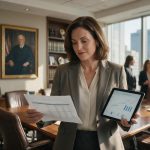 Law firm managing partner reviewing financial reports to assess practice area profitability