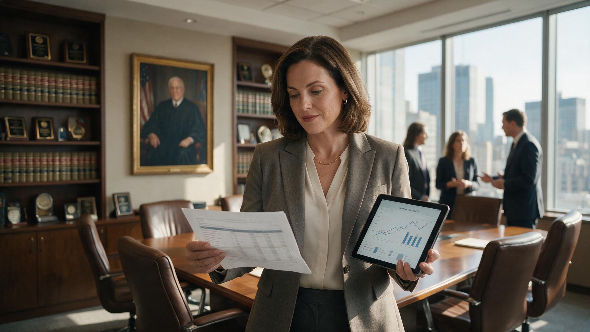 Law firm managing partner reviewing financial reports to assess practice area profitability