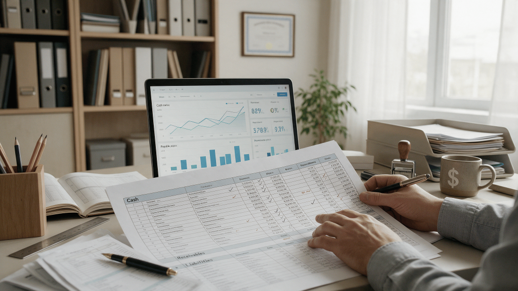 Accountant auditing a small business balance sheet before tax filing