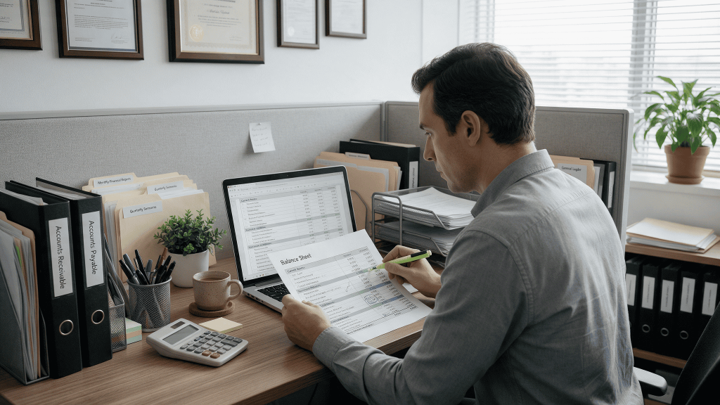 Accountant reviewing a corporate balance sheet for unusual or unexplained account balances